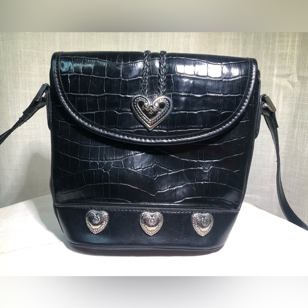 Black Croc-Embossed Heart Concho Accent Shoulder Bag